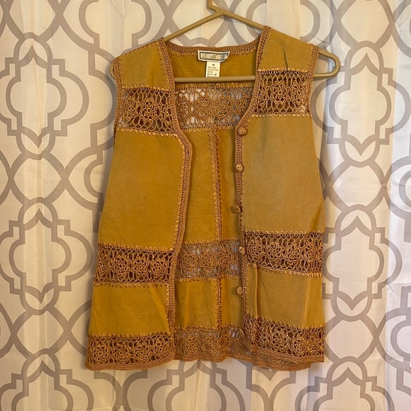 Boho Hippie Vest Leather Yellow Crochet Buttons Lace Like Festival Unusual - Picture 1 of 3